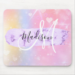 Girly Colourful Unicorn Rainbow Hearts Monogram Mouse Pad