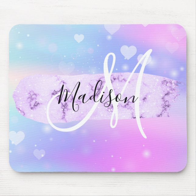Girly Colourful Unicorn Rainbow Hearts Monogram Mouse Pad (Front)