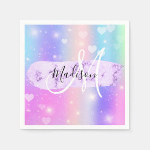 Girly Colourful Unicorn Rainbow Hearts Monogram Napkin
