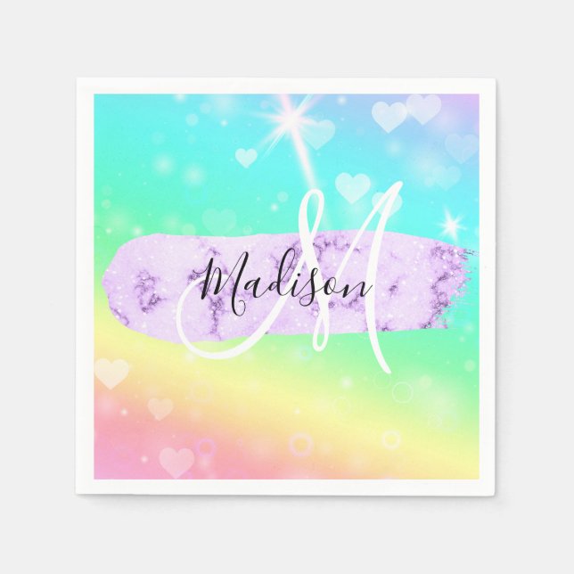 Girly Colourful Unicorn Rainbow Hearts Monogram Napkin (Front)