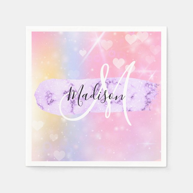 Girly Colourful Unicorn Rainbow Hearts Monogram Napkin (Front)