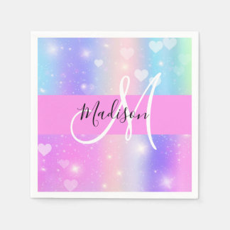 Girly Colourful Unicorn Rainbow Hearts Monogram Napkin