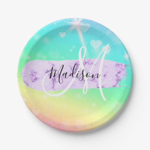 Girly Colourful Unicorn Rainbow Hearts Monogram Paper Plate