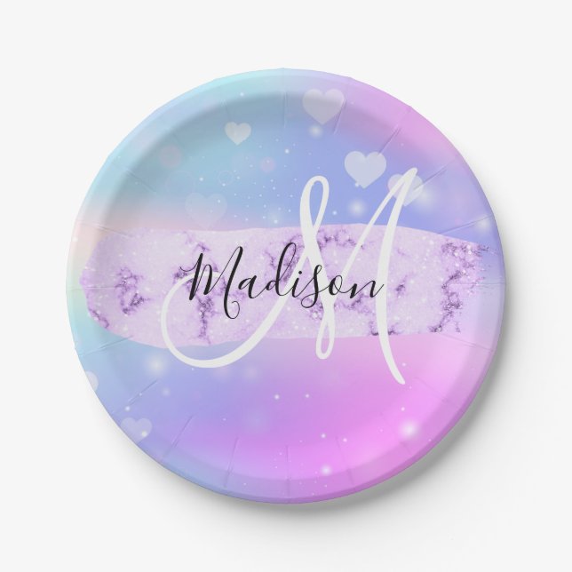 Girly Colourful Unicorn Rainbow Hearts Monogram Paper Plate (Front)