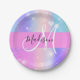 Girly Colourful Unicorn Rainbow Hearts Monogram Paper Plate