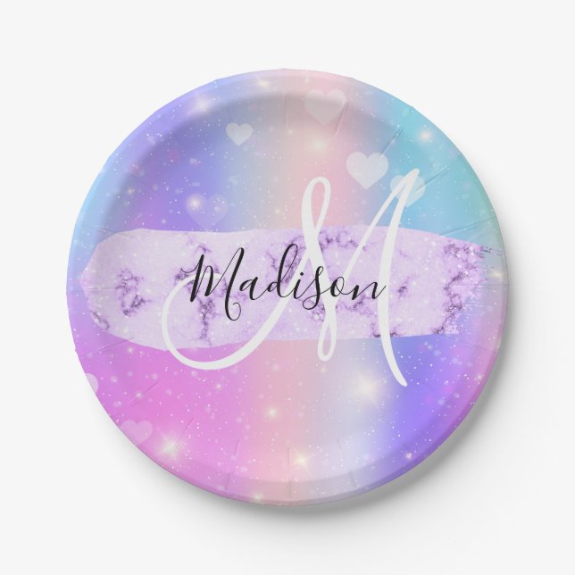 Girly Colourful Unicorn Rainbow Hearts Monogram Paper Plate (Front)