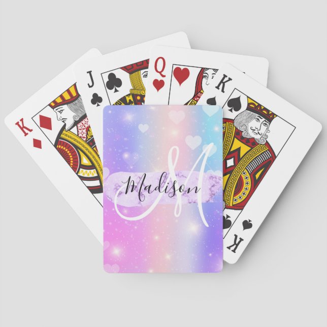 Girly Colourful Unicorn Rainbow Hearts Monogram Playing Cards (Back)