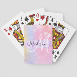 Girly Colourful Unicorn Rainbow Hearts Monogram Playing Cards