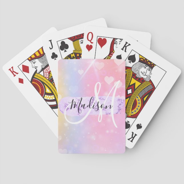 Girly Colourful Unicorn Rainbow Hearts Monogram Playing Cards (Back)