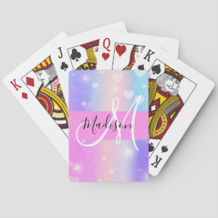 Girly Colourful Unicorn Rainbow Hearts Monogram Playing Cards