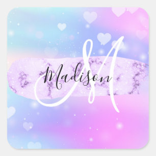 Girly Colourful Unicorn Rainbow Hearts Monogram Square Sticker