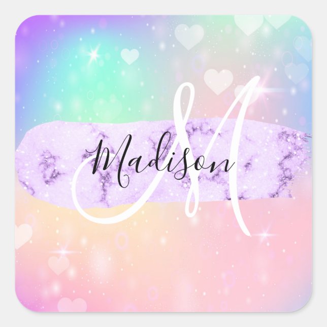 Girly Colourful Unicorn Rainbow Hearts Monogram Square Sticker (Front)