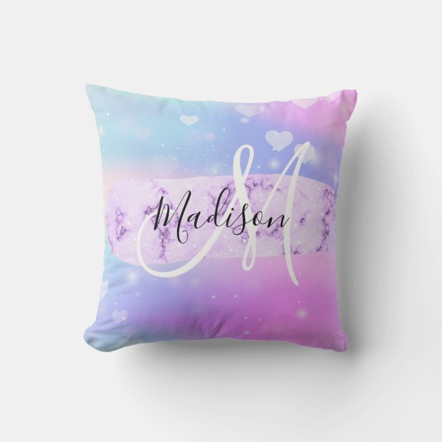 Girly Colourful Unicorn Rainbow Hearts Monogram Throw Pillow (Front)