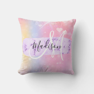 Girly Colourful Unicorn Rainbow Hearts Monogram Throw Pillow