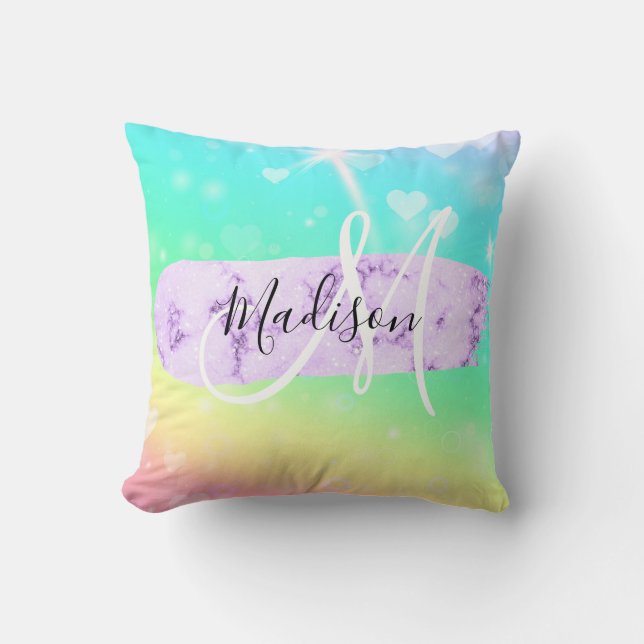 Girly Colourful Unicorn Rainbow Hearts Monogram Throw Pillow (Front)
