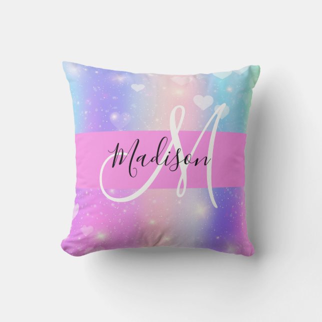 Girly Colourful Unicorn Rainbow Hearts Monogram Throw Pillow (Front)