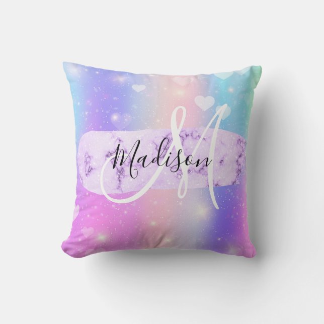 Girly Colourful Unicorn Rainbow Hearts Monogram Throw Pillow (Front)