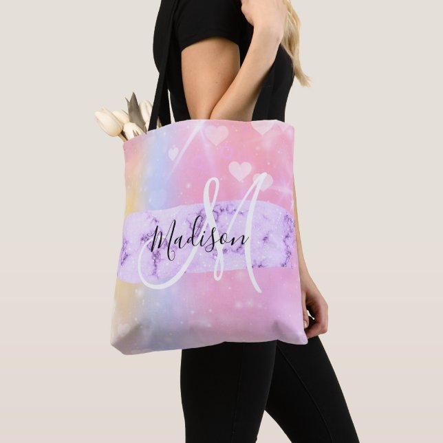 Girly Colourful Unicorn Rainbow Hearts Monogram Tote Bag (Close Up)