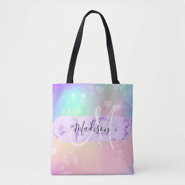 Girly Colourful Unicorn Rainbow Hearts Monogram Tote Bag (Front)