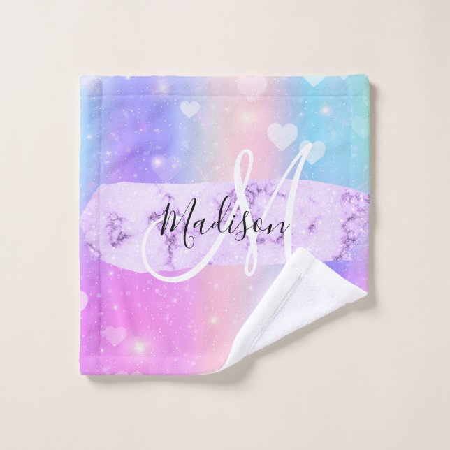 Girly Colourful Unicorn Rainbow Hearts Monogram Wash Cloth (Wash Cloth)