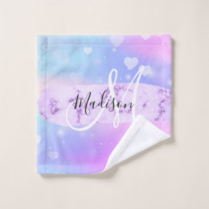 Girly Colourful Unicorn Rainbow Hearts Monogram Wash Cloth