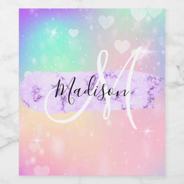 Girly Colourful Unicorn Rainbow Hearts Monogram Wine Label (Single Label)