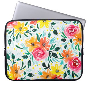 Girly Colourful Watercolor Pink Yellow Flowers Laptop Sleeve