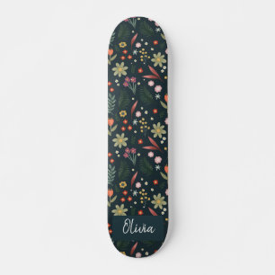 Girly & Cool Modern Navy Blue Botanical Flowers Skateboard