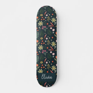 Girly & Cool Modern Navy Blue Botanical Flowers Skateboard