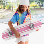 Girly Cool Pink White Racing Stripes Monogrammed Skateboard<br><div class="desc">Create your own custom, personalized, classic girly pink and white racing stripes, cool, stylish, classy elegant typography script, best quality hard-rock maple competition shaped skateboard deck. To customize, simply type in your name / monogram / initials. While you add / design, you'll be able to see a preview of your...</div>