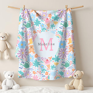Girly Cool Summer Splash Floral Rainbow Monogram Fleece Blanket