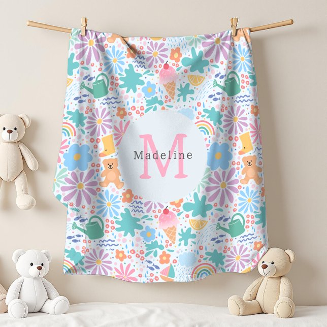 Girly Cool Summer Splash Floral Rainbow Monogram Fleece Blanket (Creator Uploaded)