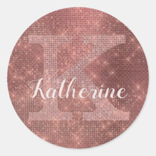 Girly Copper Diamond Sparkle Glam Monogram Name Classic Round Sticker