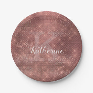 Girly Copper Diamond Sparkle Glam Monogram Name Paper Plate