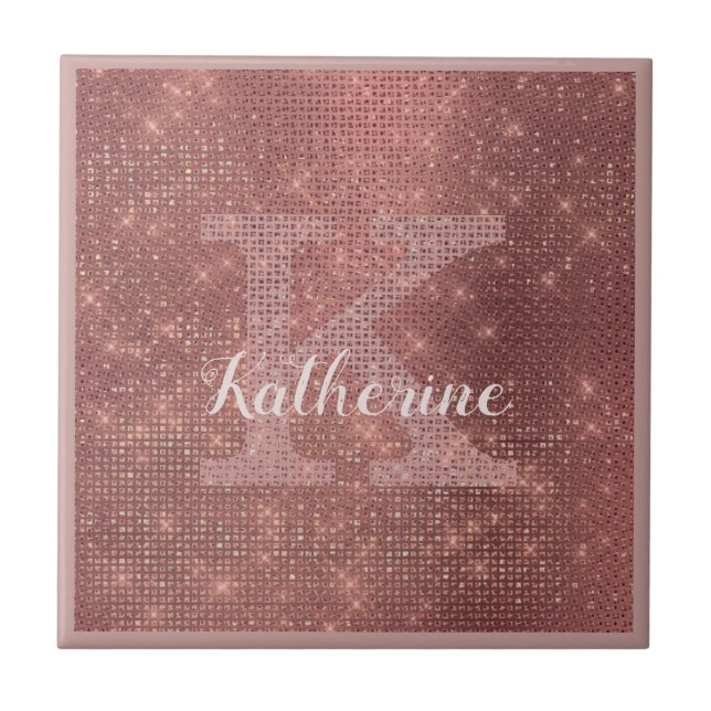 Girly Copper Diamond Sparkle Glam Monogram Name Tile (Front)