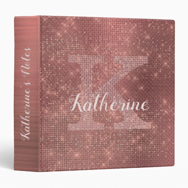 Girly Copper Glitter Diamond Glam Monogram Name Binder (Front/Spine)