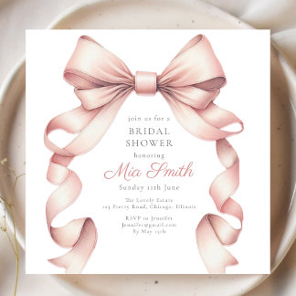 Girly Coquette Blush Watercolor Bow Bridal Shower Invitation