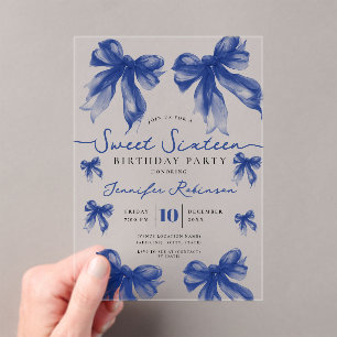 Girly Coquette Bow Sweet 16 Birthday Navy Blue   Acrylic Invitations