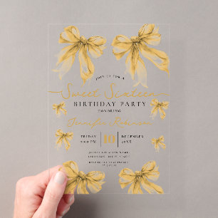 Girly Coquette Bow Sweet 16 Birthday Party Gold Acrylic Invitations