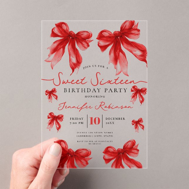 Girly Coquette Bow Sweet 16 Birthday Party Red  Acrylic Invitations (Insitu (Handheld))