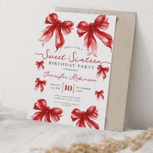 Girly Coquette Bow Sweet 16 Birthday Party Red Invitation