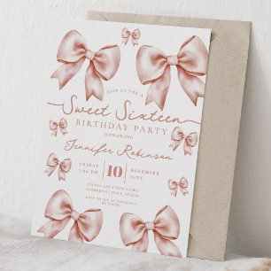 Girly Coquette Bow Sweet 16 Birthday Rose Gold Invitation