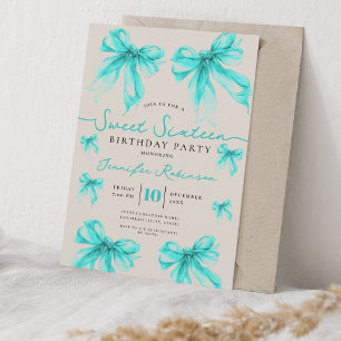 Girly Coquette Bow Sweet 16 Birthday Turquoise  Invitation