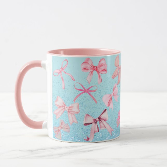 Girly Coquette Pink Blue Bow Print Mug Glitter (Left)
