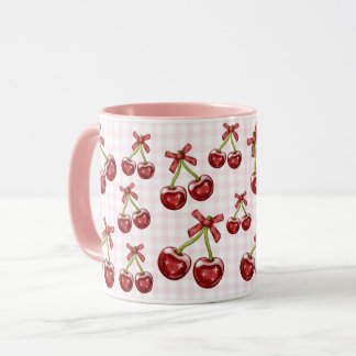 Girly Coquette Pink Gingham Red Cherry Mug