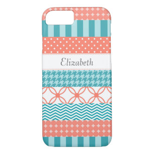 Girly Coral and Teal Washi Tape Pattern With Name Case-Mate iPhone Case