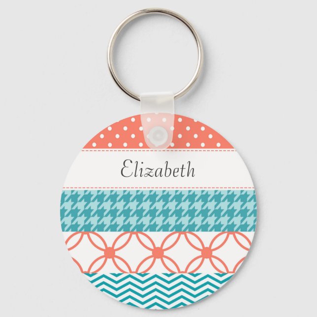 Girly Coral and Teal Washi Tape Pattern With Name Keychain (Front)
