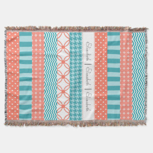 Girly Coral and Teal Washi Tape Pattern With Name Throw Blanket