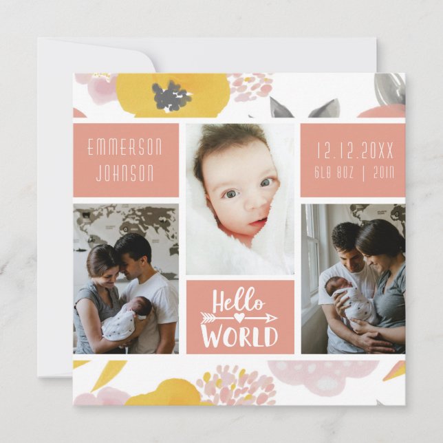 Girly Coral Floral Bold Photo Collage Birth Announcement (Front)