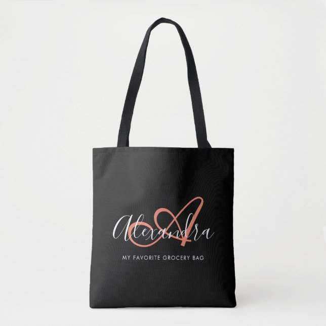 Girly Coral Pink Elegant Script Name Monogram Tote Bag (Front)